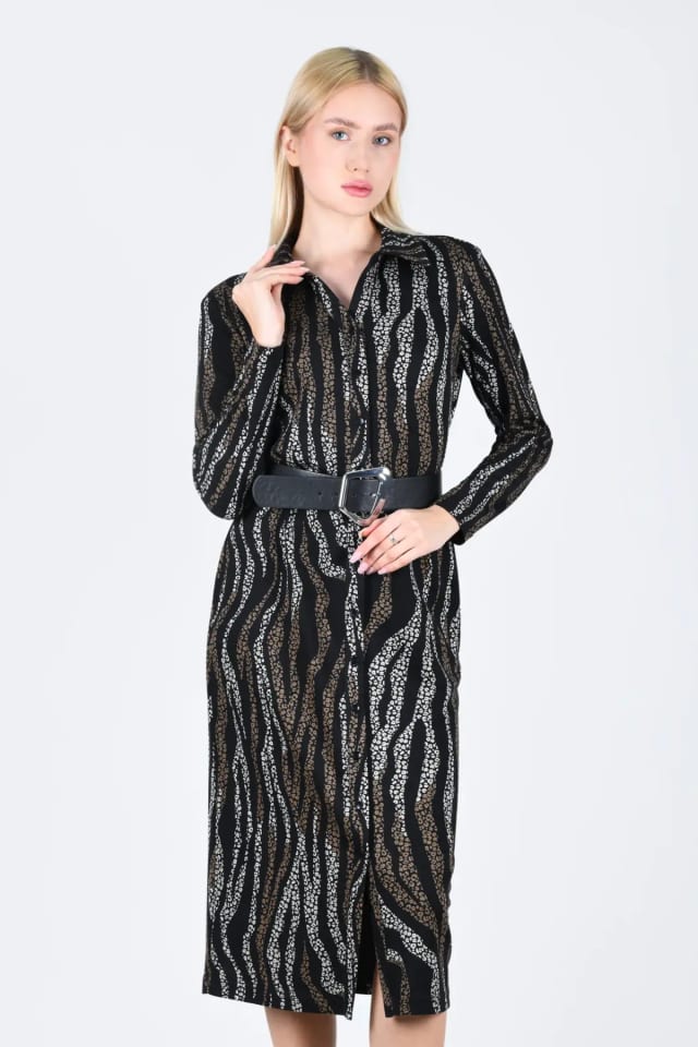 Siyah Zebra Desen Gömlek Yaka Elbise - QE316