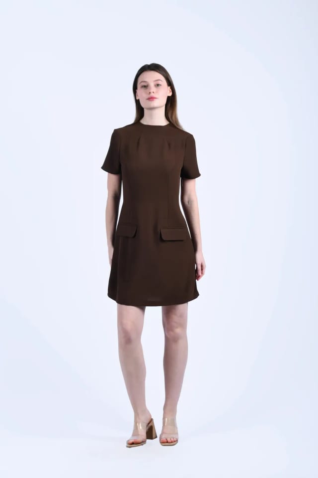 Kahve Kısa Kollu Cepli Mini Jile Elbise - QE423
