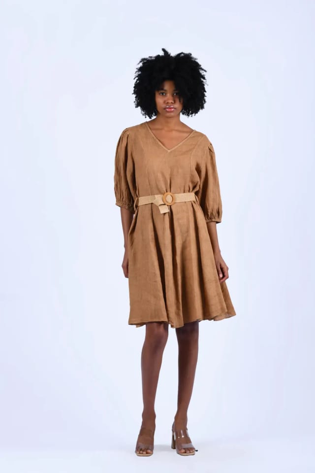 Camel Kemerli Mini Keten Elbise - 4797