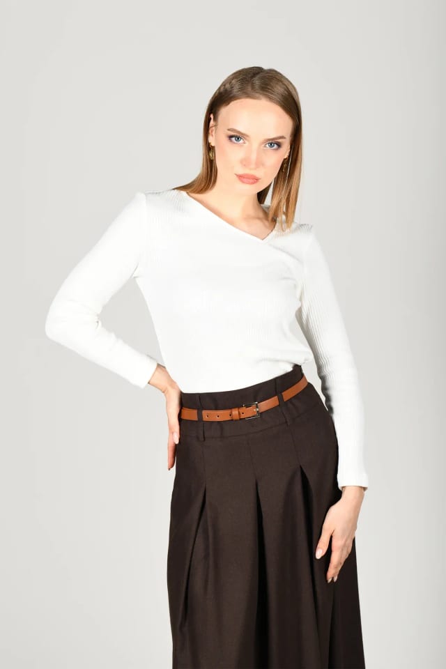 Kahve Kemerli Yüksek Bel Midi Etek - LD53