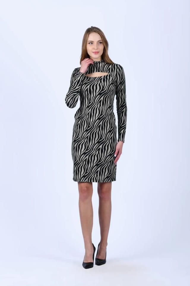 Bej Zebra Desen Elbise - QE98